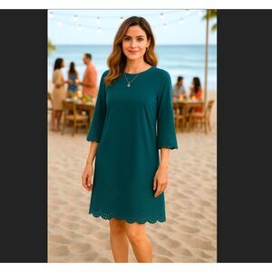 J. Jill Shift Dress MEDIUM Teal Eyelet Scallop Hem 3/4 Sleeve Cotton Knee Length